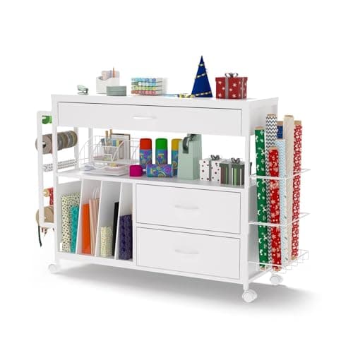 Anrigeail Wrapping Paper Cart with 3 Wooden Drawers
